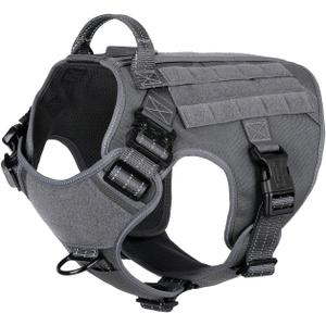 ICEFANG Tactical Dog Harness, Large Size,2X Metal Buckle,Working Dog MOLLE Vest with Handle,No Pulling Front Leash Clip,Hook and Loop Panel (Grey,L (Pack of 1))