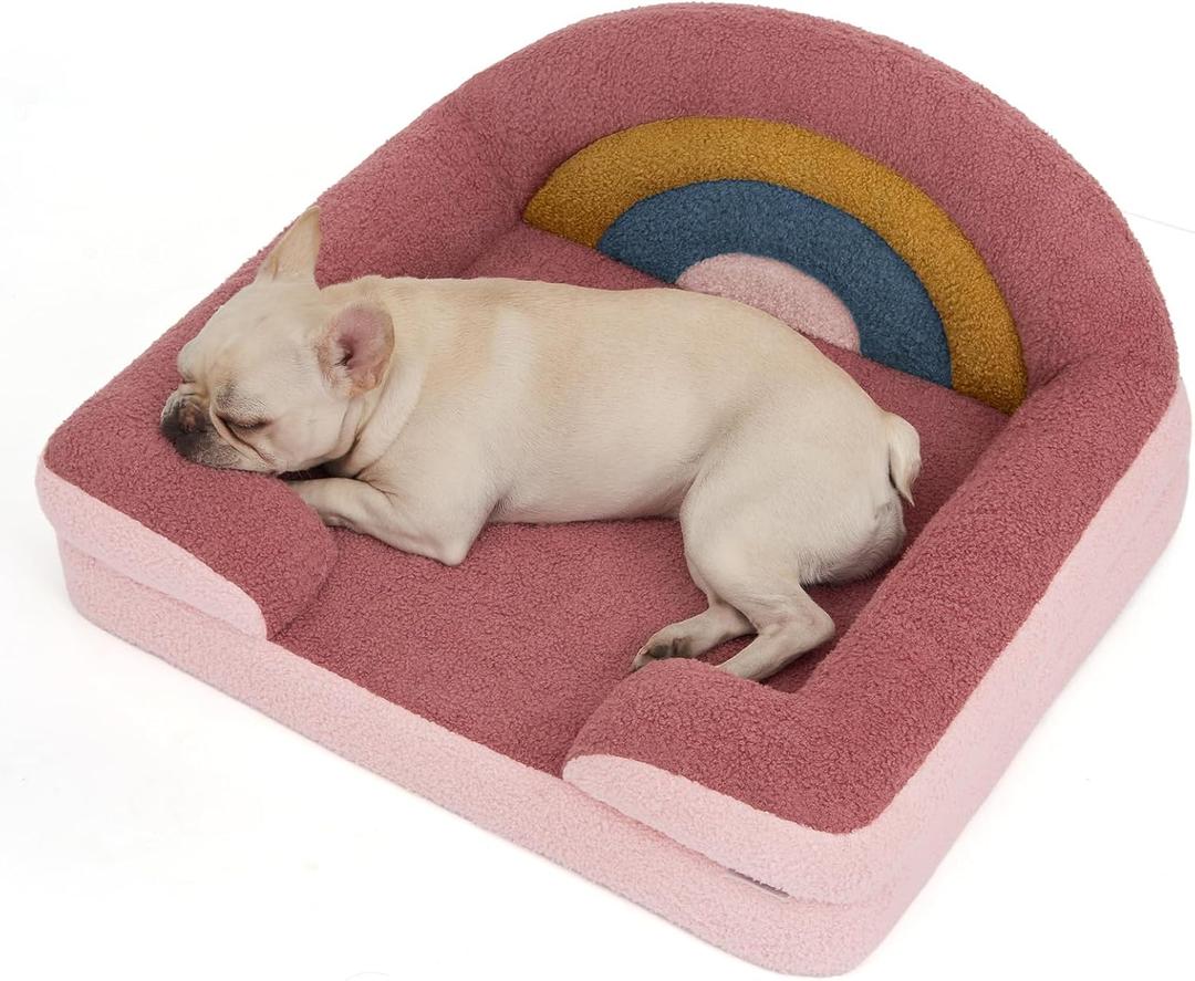 Blissful Diary Foam Dog Bed Medium Size, Pet Sofa with Washable Cover and Waterproof Liner, Soft Teddy Plush with Rainbow Design (Rusty Red) (26''L22''W13''Th)