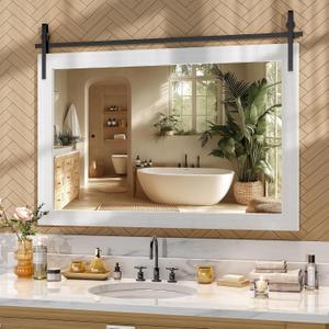 Hasipu Farmhouse Bathroom Mirror, 48"x32" Rustic Wood Framed Wall Mounted Mirror, White Vintage Vanity Mirror Barn Door Style Decrative Mirrors
