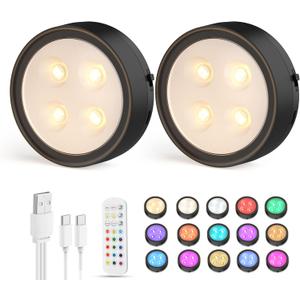 Onumii Puck Lights with Remote Rechargeable Under Cabinet Lighting 1200mAh Colors Changing Lights Magnetic Stick on Lights for Kitchen, Counter, Shelves, Closet (2Pack Black)