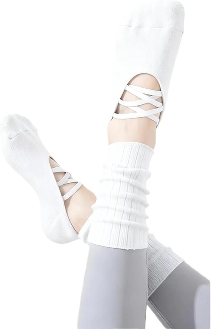 20LY Women's Long Grip Socks for Yoga Pilates Barre Workout Non Slip Cross Back Strap Ankle Support, One Size