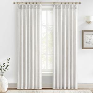 Custom 88 Inch Beige White Pinch Pleat Nursery Curtains 2 Panels Set, Light Filtering Memory Trained Thick Natural Linen Sheer Windows Drapes Privacy Neutral Curtain with Hooks & Rings for Kids Room