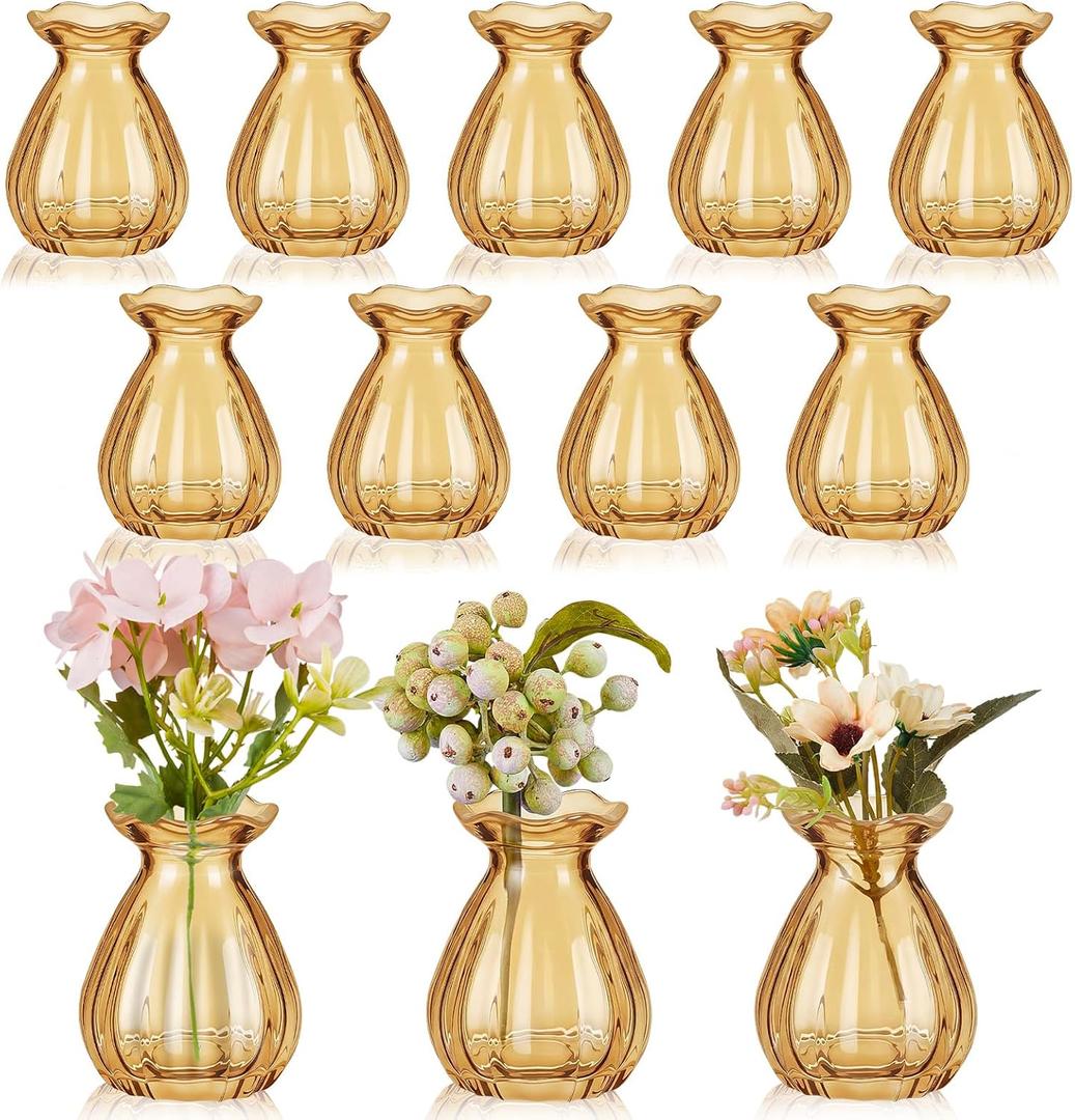 20 Pieces Glass Bud Vases for Centerpieces Bulk 3.5 Inch Mini Flower Bouquets Vases Small Cute Crystal Ribbed Glass Bud in Bulk for Wedding Baby Bridal Shower Table Party Home Decor (Amber)