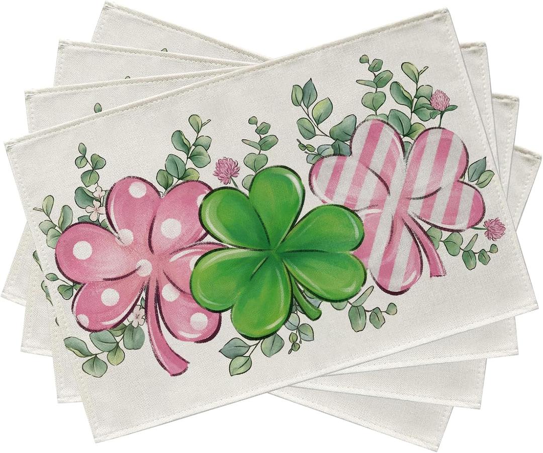 Seliem St. Patrick's Day Clover Placemats Set of 4, Pink Shamrock Eucalyptus Leaves Flower Dining Table Place Mats, Polka Dots Stripes Irish Spring Kitchen Decor Home Decoration 12 x 18 Inch
