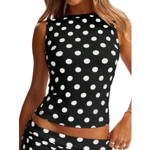 WDIRARA Women's Y2k Polka Dots Tank Top Boat Neck Sleeveless Going Out Fitted Shirts, XS
