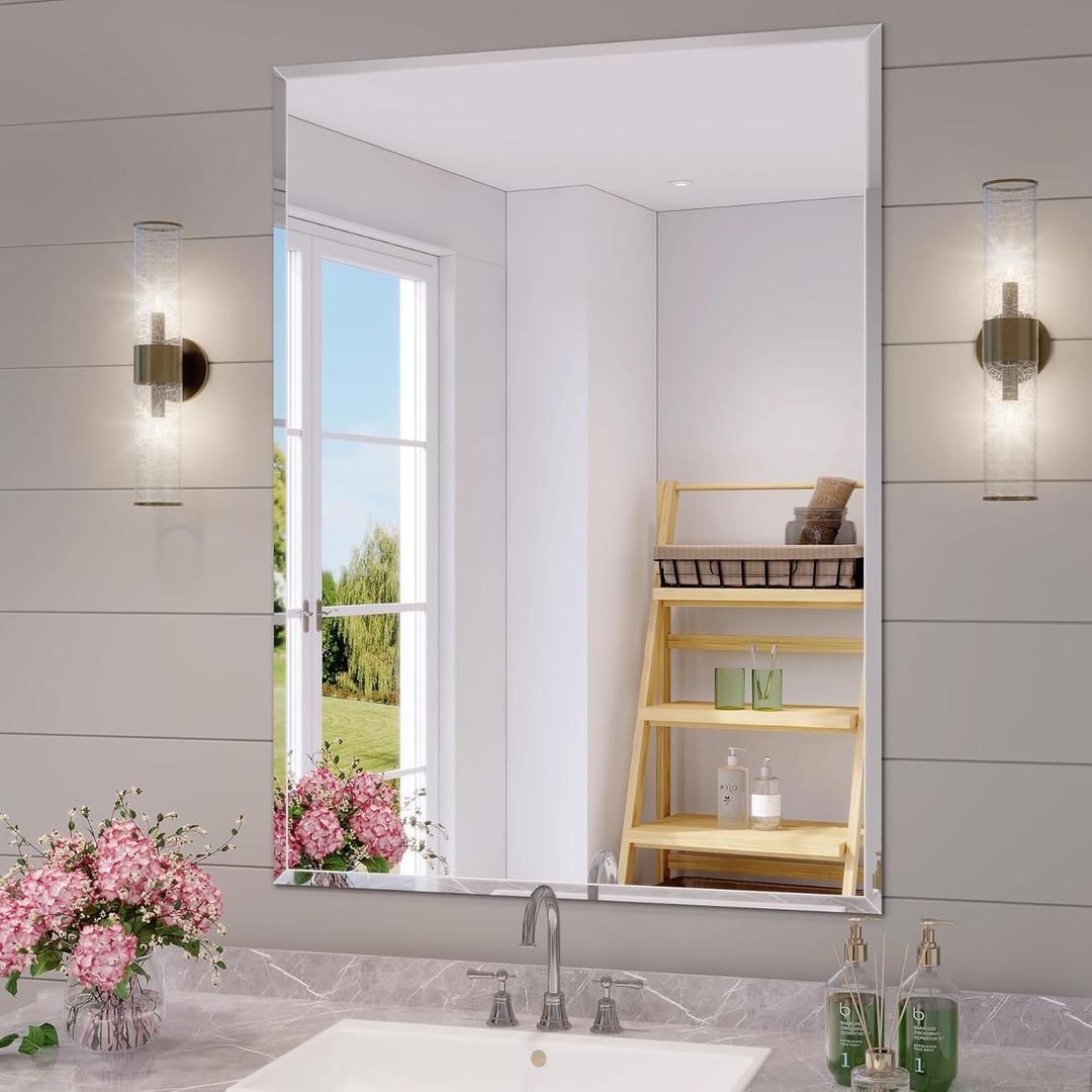 Frameless Bathroom Mirror for Wall, 24"x36" Beveled Bathroom Vanity Mirror, Modern Rectangle Bathroom Mirrors for Bedroom, Entryway, Living Room, Hangs Horizontally or Vertically