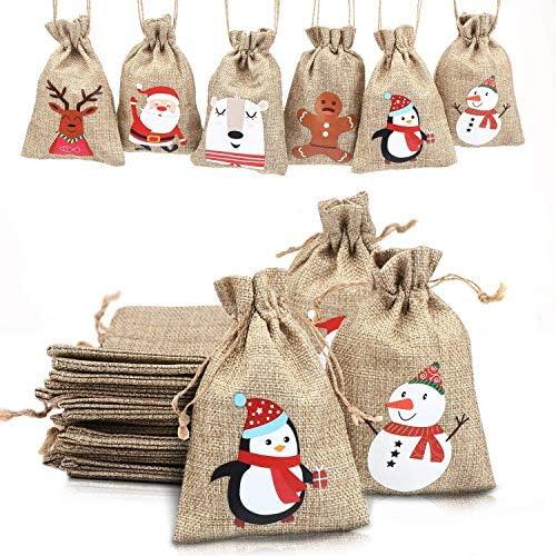 LOKIPA Christmas Jute Burlap Bags, Xmas Jute Linen Burlap Drawstring Gift Treat Candy Bag for Xmas Favors (24)