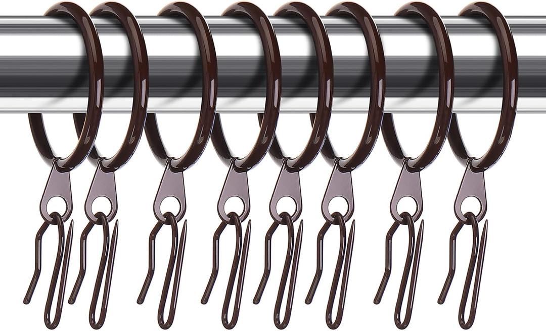 Hotop 30 Pcs Metal Drapery Curtain Rings 0.98/1.26/1.65 inch Interior Diameter and 30 Pcs Hanging Curtain Drapery Pin Hooks for Window Door Shower(Brown,32 mm)