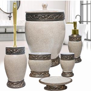 6 Pieces Bathroom Accessories Set Including Trash Can, Cup, Toothbrush Holders, Soap Dishes, Soap Dispenser and Toilet Brush, Home Decoration, Retro Style