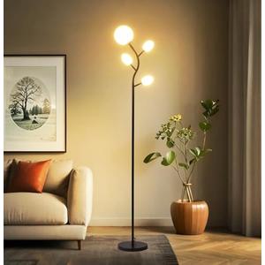 Fiqevs 4 Globe Floor Lamp with 2700K Warm Light LED Bulbs Included, Mid Century Modern Tree Standing Lamp with Frosted Glass Shade, Arc Torch Tall Lamp for Living Room, Bedroom, Office, Matt Black