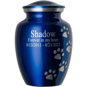 Pet Urn for Dogs and Cats with Personalized Laser Engraving, Ottillie Paws Premier Series Memorial Urns (Small Sapphire Blue with Vertical Pewter Paws)