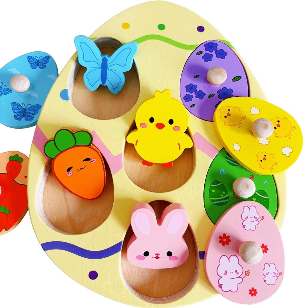 Easter Wooden Peg Puzzle for Toddlers 1 2 3 Years, 6 Colors & Shape Matching Pieces, Montessori Educational Learning Toys Easter Basket Stuffers