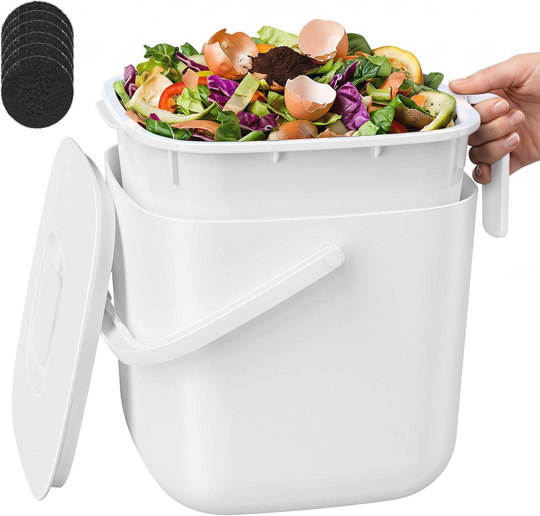 5.4L Kitchen Food Waste Bin with Lid & Handles, Indoor Compost Bucket Includes Inner Bucket Liner, White