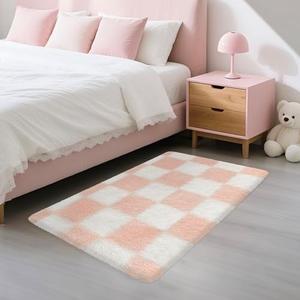 MondayRug Soft Small Area Rug 2x3 for Bedroom Pink Checkered Rug Plush Shag Carpet for Kids Room Shaggy Throw Rugs Non Silp Indoor Entrance Door Mat for Living Room Dorm Nursery