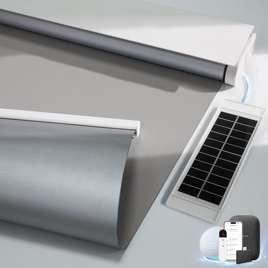 Motorized Blackout Blinds with Remote & Solar Panel - Electric, Thermal, Alexa Compatible - Grey, 33"x72"