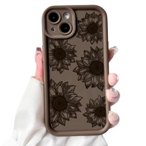 NITITOP Compatible with iPhone 15 Case Cute Sunflower Floral Design for Women Girls Flower Artistic Soft TPU Shockproof Protective Full Camera Protection Cover - Brown