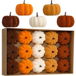 RoseCraft Artificial Flocked Pumpkins, 15PCS Coffee Gold Beige Orange Brown Velvet Foam Faux Pumpkins Decorations, for Fall Harvest Halloween Thanksgiving Table Centerpiece Decor.
