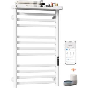 ENZE Smart Heated Towel Rack with Shelf, 11-Bar Wall-Mounted, White