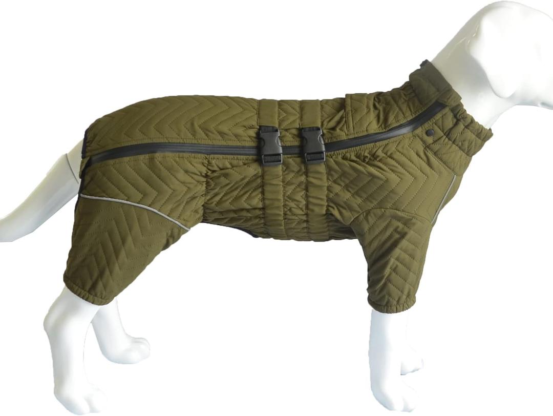 Warm Double Layers Dog Vest - 4 Legs Covered Windproof Waterproof Reflective Coat for Small Medium Large Dogs - Outdoor Skating Costume - Olive M (M (back 12.5"))