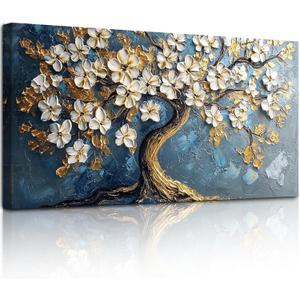 SERIMINO Gold Tree of Life Large Wall Art, Abstract Tree Oil Painting Art Prints, Cherry Blossom Flower Canvas Art Wall Decor, Modern Aesthetic Wall Pictures for Living Room Bedroom Office 24"X48"