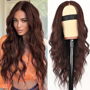 AISI HAIR Reddish Brown Wig for Women, Long Wavy Lace Hairline Middle Part Synthetic Heat Resistant Wig for Daily Party-26 Inch