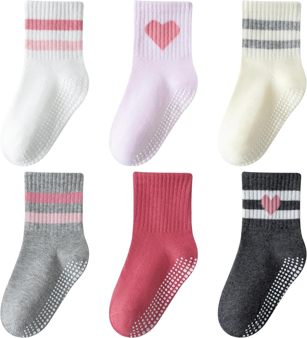 Wamvp Toddler Grip Socks with Non-Slip, Unisex Baby Retro Stripe Seamless Crew Ankle Cotton Socks for Girls Boys 6 Pairs, Pink 1-3T