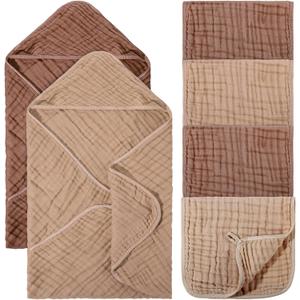 VitalCozy 6 Pcs Baby Muslin Hooded Bath Towels and Washcloths Muslin Cotton Hooded Baby Towels Absorbent Blankets for Gift Newborn Infant Shower (32 x 32 Inch,Brown,Coffee)