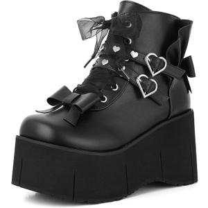 Tscoyuki Studs Platform Boots for Women Goth Rave Boots Round Toe Chunky Wedge Heel Combat Ankle Boot w/Side Zip Buckle Booties for Concert (8, Black 1)