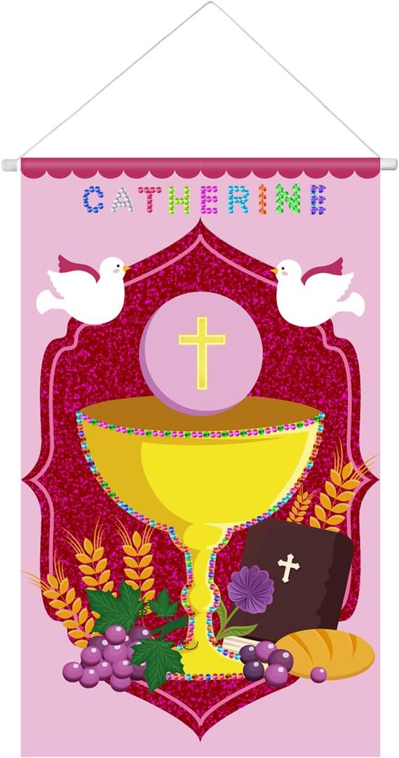 First Communion Banner Kit DIY Holy Door Hanging Decor with 2 Sheets of Diamond Stickers for Boys and Girls Decoration Set, 12 x 20 Inch (Holy Grail Pink Style)