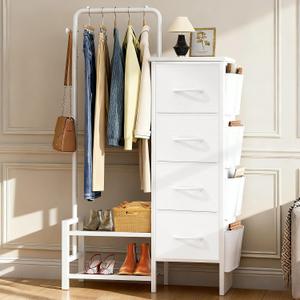 Dresser with Hanging Rack - 52" Tall Clothes Rack with Drawers, 4 Drawers & 4 Side Bags, Fabric Chest of Drawers with with Bottom Shelves, Kids Dresser for Bedroom, Living Room-White