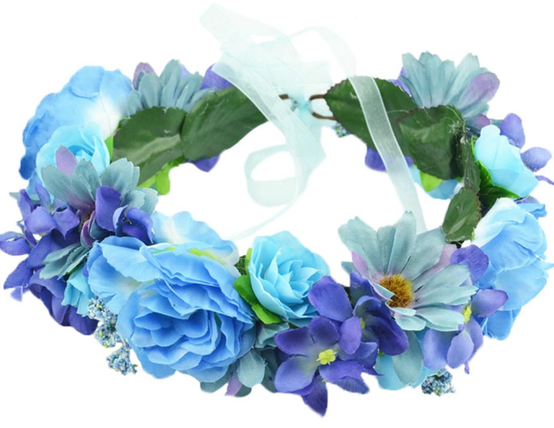 Vivivalue Rose Flower Crown Flower Garland Headband Hair Wreath Floral Headpiece Halo Boho with Ribbon Wedding Party Festival Photos Blue (10)