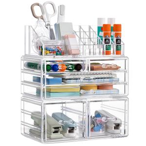 HBlife Desk Organizer with 6 Drawers, Large Stackable Pencil Pen Holder & Art Supplies Storage, Multi-Functional Desktop Organizers and Accessories for Office, Home, School (Clear)