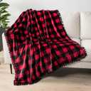 PAVILIA Black Red Fleece Throw Blanket for Couch with Pom Pom Fringe, Buffalo Checkered Plaid, Soft Cozy Fuzzy Flannel Blanket for Sofa Bed, Lightweight Plush All Season Throw, 50x60 Inches
