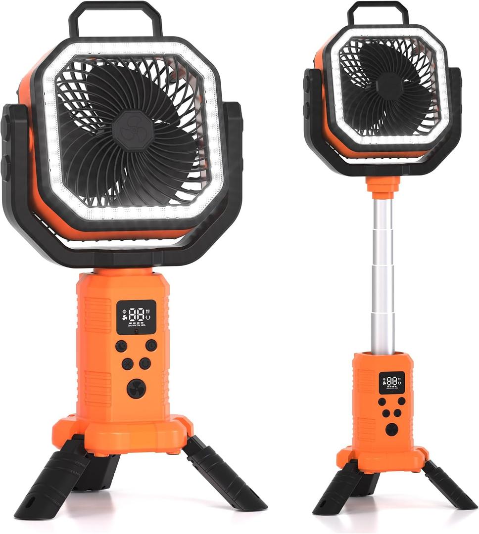 Portable Rechargeable Fan, 20000mAh Battery Powered Camping Fan | Battery Powered LED Light& Remote,4 Speeds Wind,USB, Timer,Oscillating for Travel Tent,Rv Camping Essentials -Orange, Large