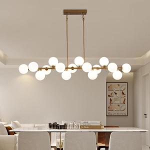 55" Brass Linear Chandelier, 16 Lights Mid Century Modern Sputnik Chandelier, Large Pendant Lights Kitchen Island with White Glass Lampshade, Bubble Chandelier for Kitchen Over Table - Gold