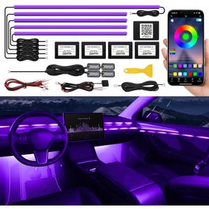 Acrylic Interior Car LED Strip Light with Wireless APP, RGB 10 in 1 with 175 inches 593 LEDs Fiber Optic Ambient Lighting Kits, 16 Million Colors Sound Active Function Car Neon Lights