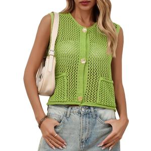 Saodimallsu Womens Crochet Sweater Vest Button Down Sleeveless Crew Neck Boho Knit Crop Tank Tops Summer Cardigans (Green, M)
