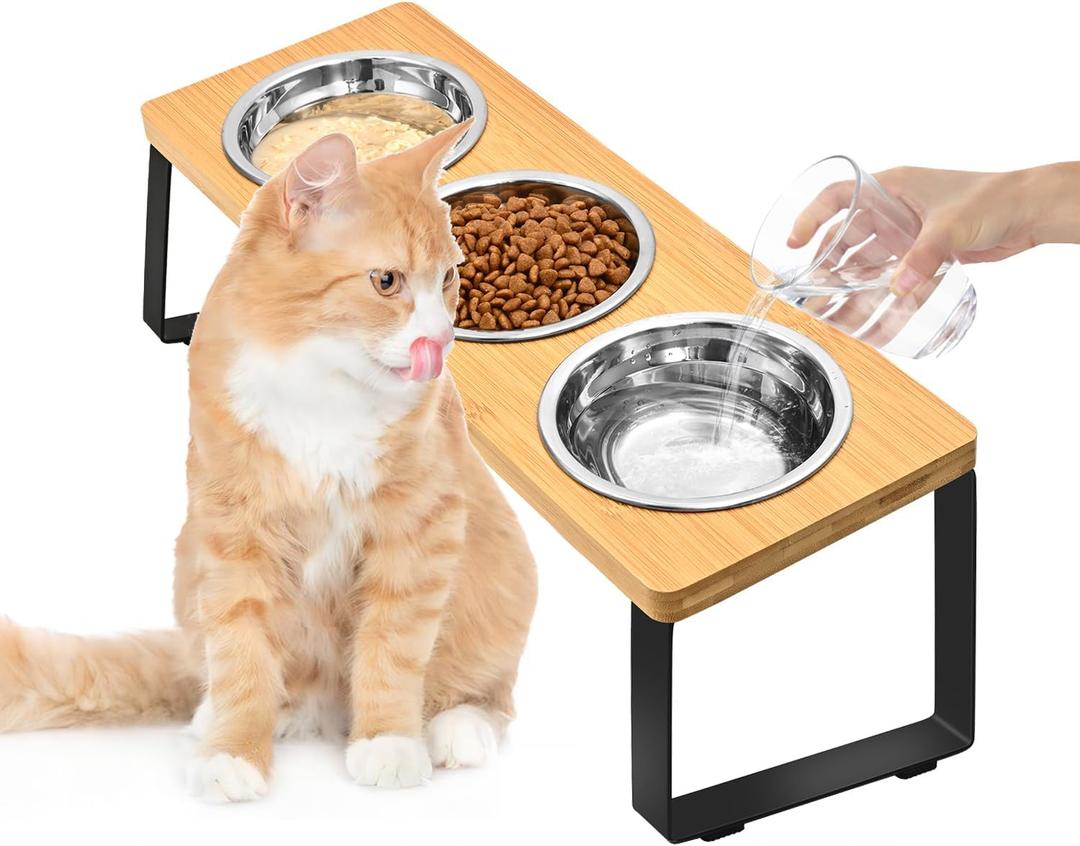 Raised Cat Food Water Bowl，Small Dog 15 ° Tilted Elevated Food Feeding Tray with Three Stainless Steel Bowls to Protect The Spine of Cats and Dogs from Vomiting (Wood Color) (3 Bowls)
