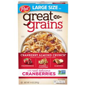Great Grains Cranberry Almond Crunch Breakfast Cereal for Adults, Dried Cranberries and Almonds, Made with Whole Grain, Non-GMO, Heart Healthy, 14 OZ Box (EXP 02/02/27)