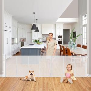 Reinforced 200 Inch Extra Long Dog Gate Indoor 37 Tall Outdoor Retractable Baby Gates for Doorways Extra Wide 16ft Bottom Anti-Crawl Indoor Extra Long Baby Gate Retractable Dog Fence/Barrier, White