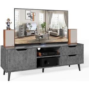 Maxtown TV Stands for Living Room, TV Console Table for 55 Inch TV, Entertainment Center with 1 Cabinet, 2 Drawers, Media Console with Metal Feet for Bedroom, Living Room, Dark Grey