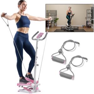 Sunny Health & Fitness Total Body 2-in-1 Smart Stepper Machine for Home with Handlebar and Resistance Bands, Total Body Workout, Adjustable Hydraulic, LCD Monitor, Non-Slip Pedals  330 LB Max Weight (Pink)
