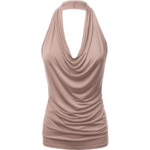 Women's Halter Neck Front Draped Backless Tank Top Made in USA (S-3XL) (1X, Clltj316-taupe)