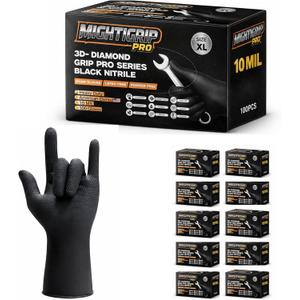 10 Mil Heavy-Duty Black Nitrile Gloves, Diamond Grip, Mechanic Grade, Latex & Powder Free, 1000 Count Bulk, L
