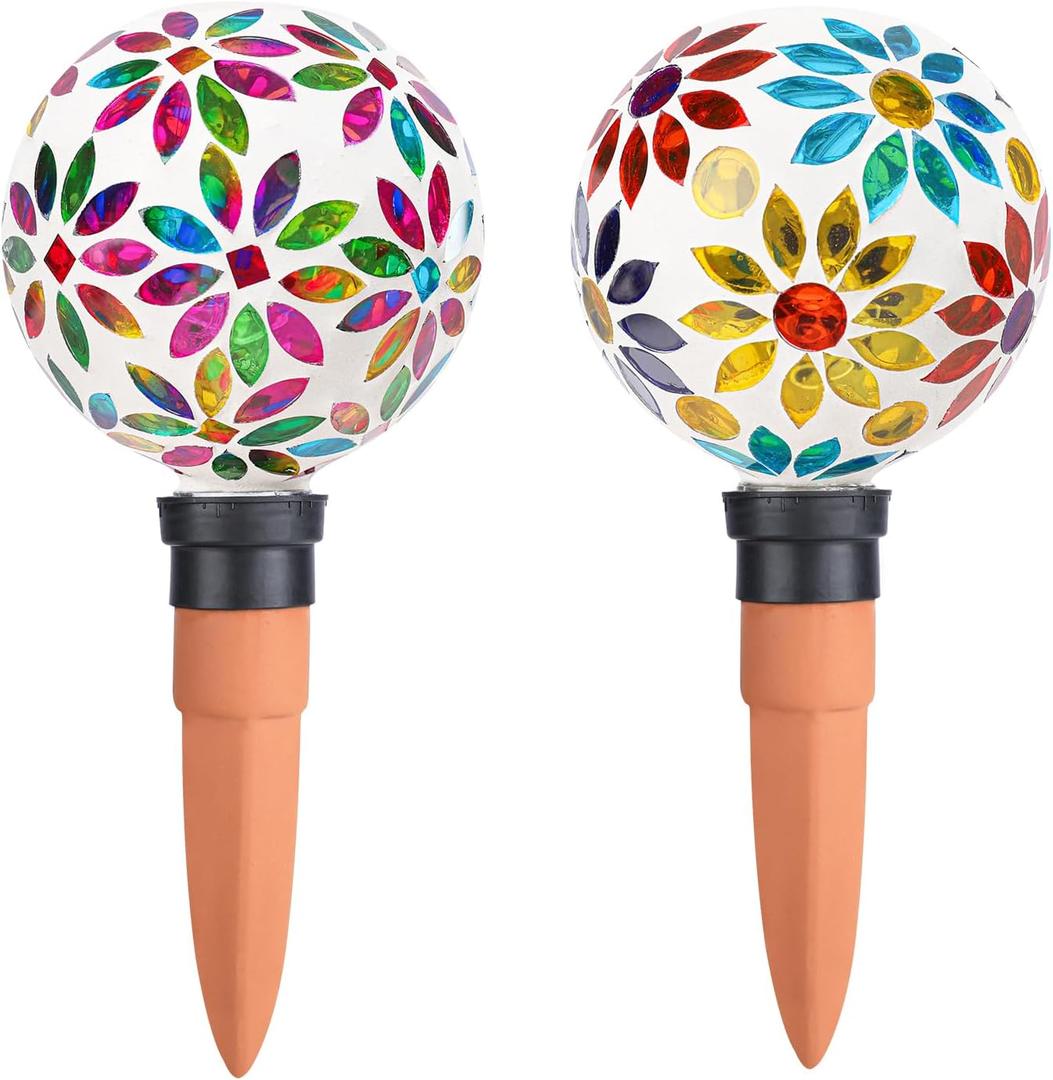 Terracotta Watering Spikes Mosaic Watering Globes for Outdoor Plants 2 Pack Automatic Plant Waterer Watering Devices Water Bulbs, 9.88''X4.4''