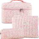 3Pcs Quilted Makeup Bag for Women, Large Travel Makeup Bag Set, Cute Aesthetic Cosmetic Bags, Floral Cotton Makeup Pouch Coquette Toiletry Organizer Bag (Pink rose)