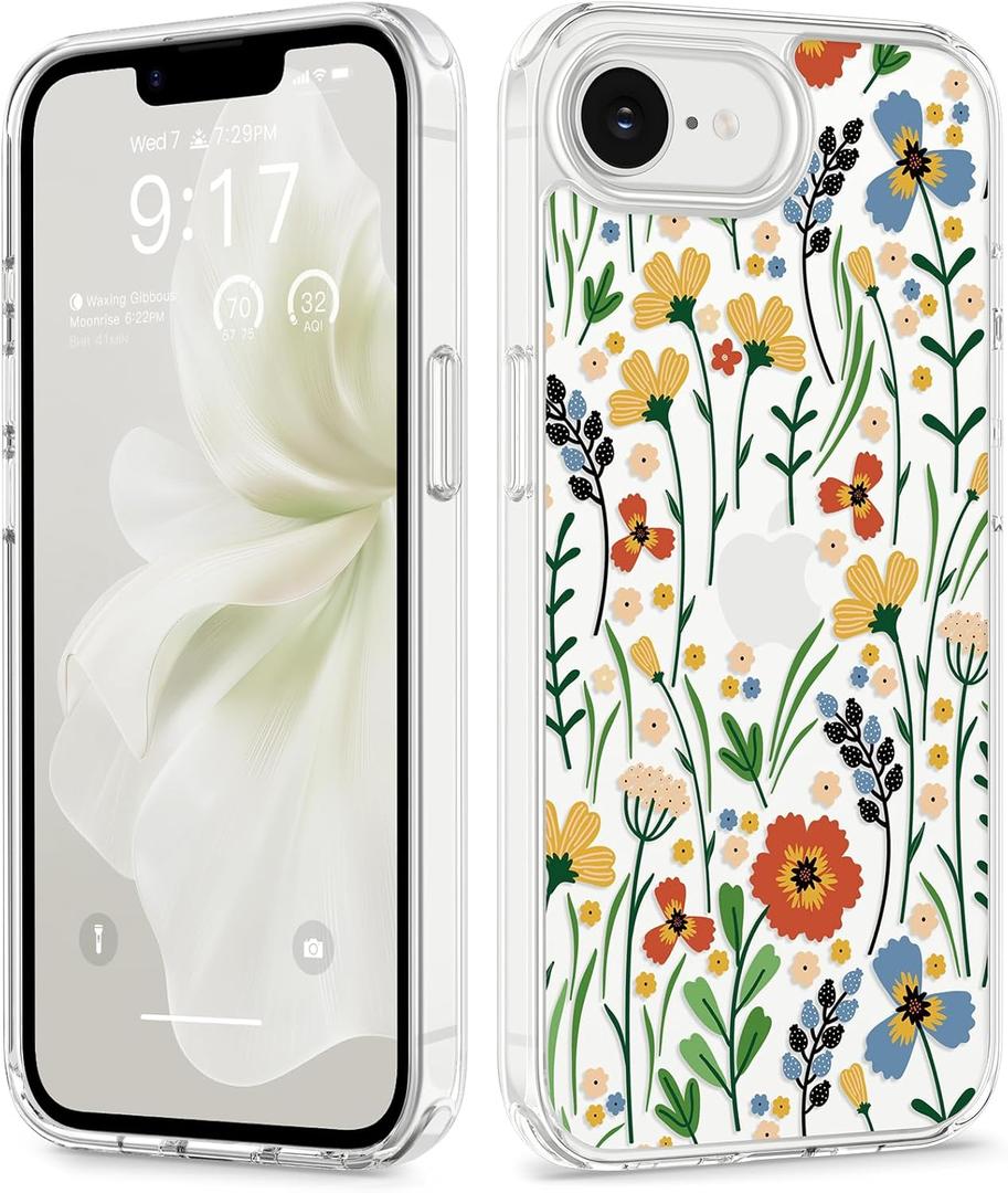 GVIEWIN for iPhone 17e Case & iPhone 16e Case, [Non-Yellowing][Military-Grade Protection] Hard PC&TPU Bumper, Floral Shockproof Protective Clear Phone Case (Blooming Flowerets)