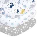 Plushii Crib Sheets for Baby Boys 3 Pack, 28"x 52" Extra Soft Microfiber Crib Sheet Set for Baby Crib Mattress Sheet & Toddler Mattress Pad, Dinosaur & Elephant & Stars (Blue Grey)