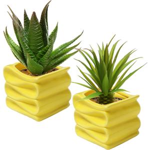 MyGift 4-Inch Yellow Ceramic Mini Succulent Plant Pot, Modern Decorative Planters with Candy Ribbon Design, Set of 2