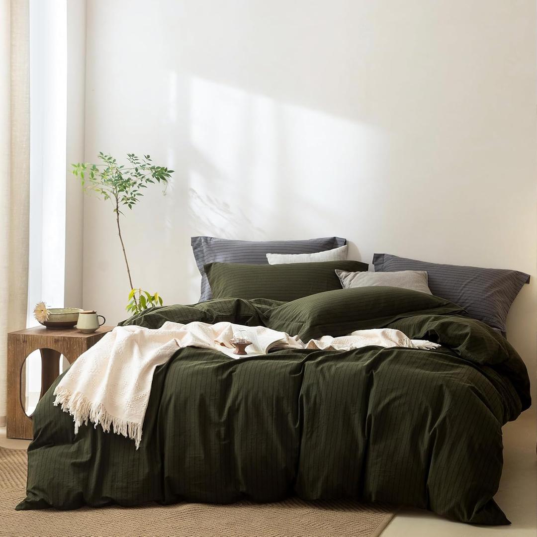 Pinstripe Duvet Cover King Size 104''W x 90'' L, 100% Washed Cotton Olive Green and Black Striped Duvet Cover with 8 Ties and Zipper Closure Plus 2 Pillowcases, Oeko TEX Standard Certificated